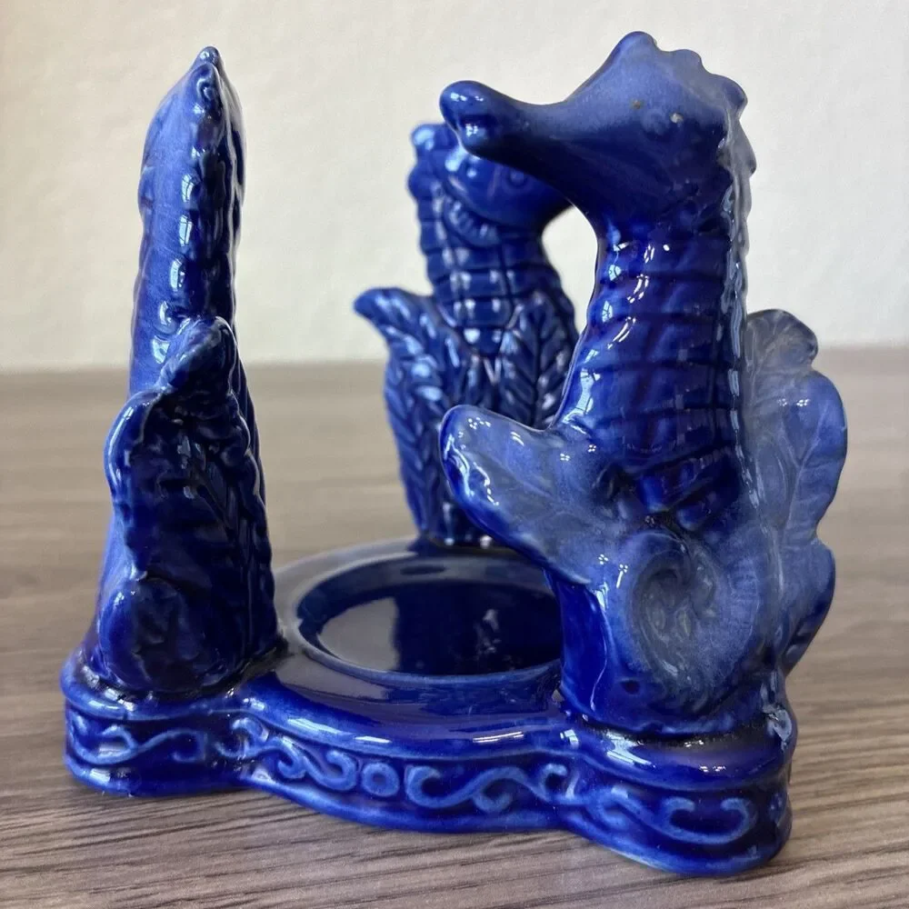 VTG Cobalt Blue Glazed Ceramic Tea/ Votive Candle Holder, 3 Seahorses, Coastal